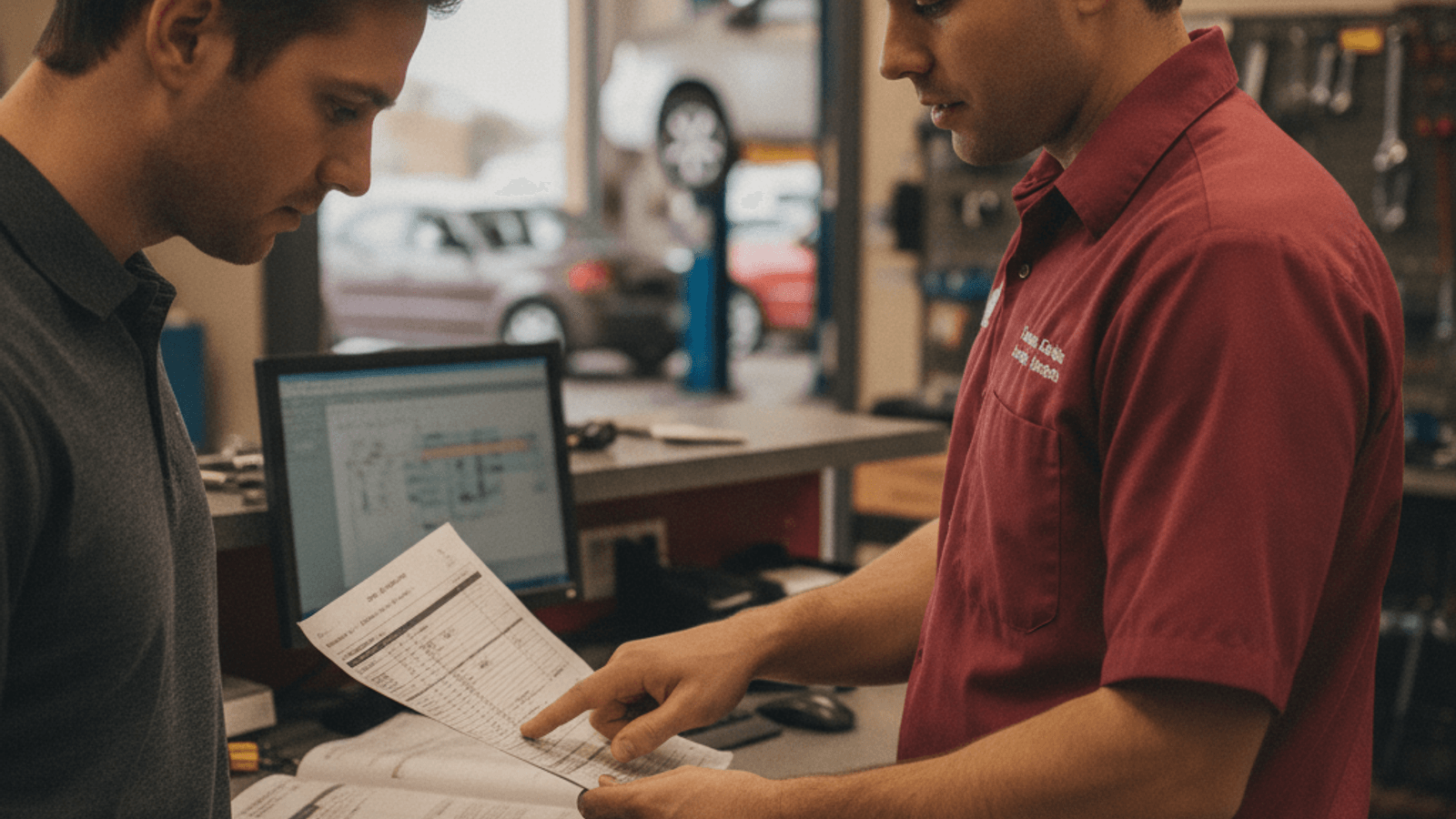 Customer reviewing a written repair estimate with a mechanic at a service counter
