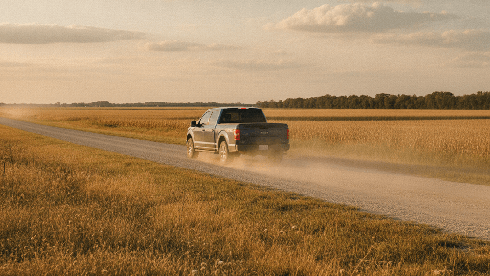 Pickup truck driving on a gravel county road outside Topeka
