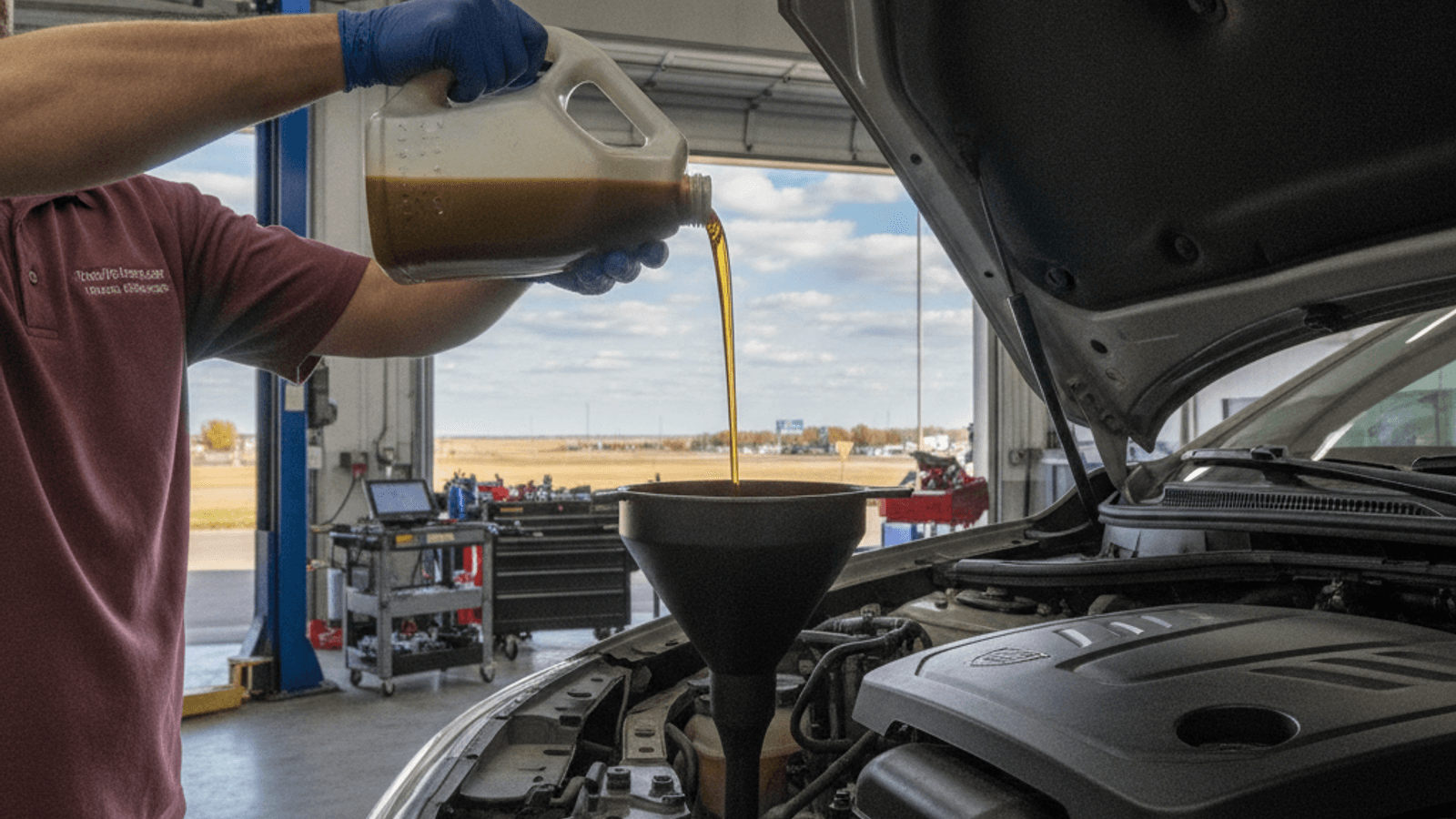 Close-up of engine oil being poured into a car engine on a lift