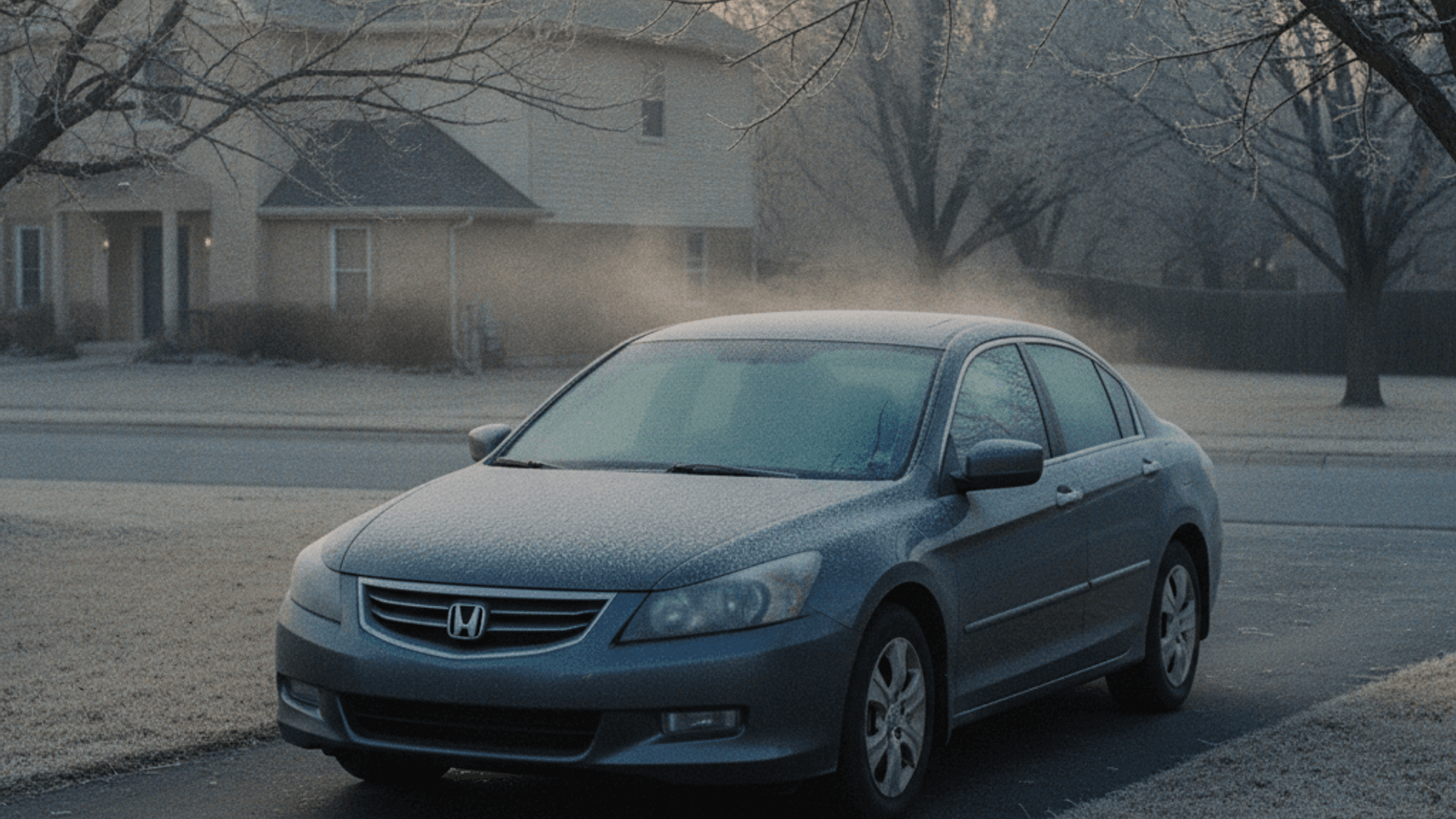 Car parked outside covered in frost during an early Kansas winter morning