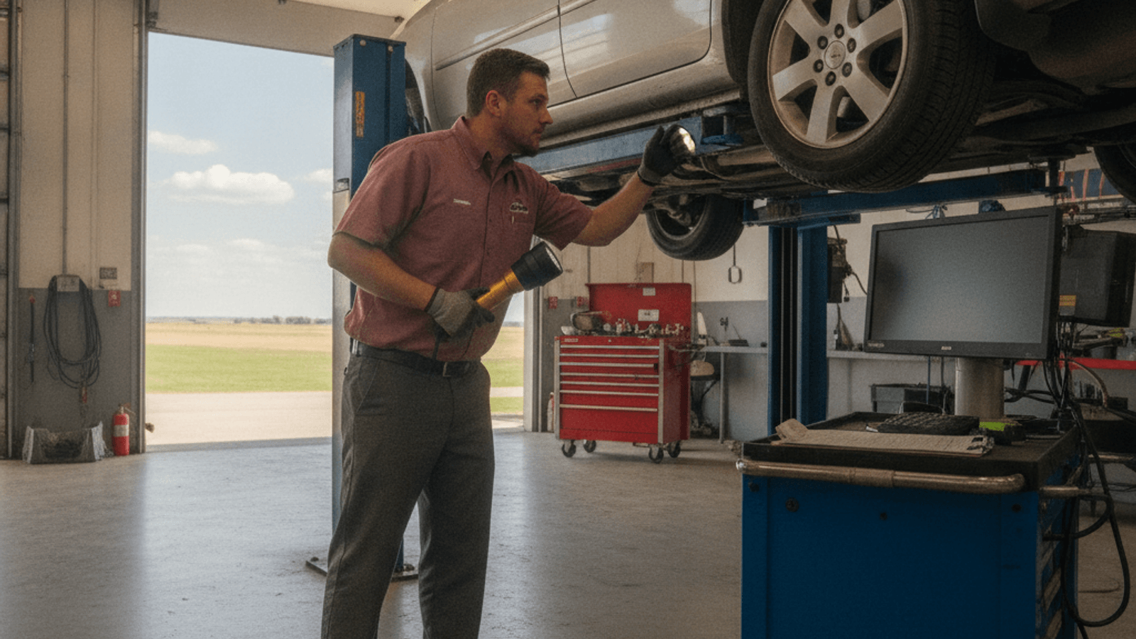 Mechanic inspecting the underside of a used car on a shop lift