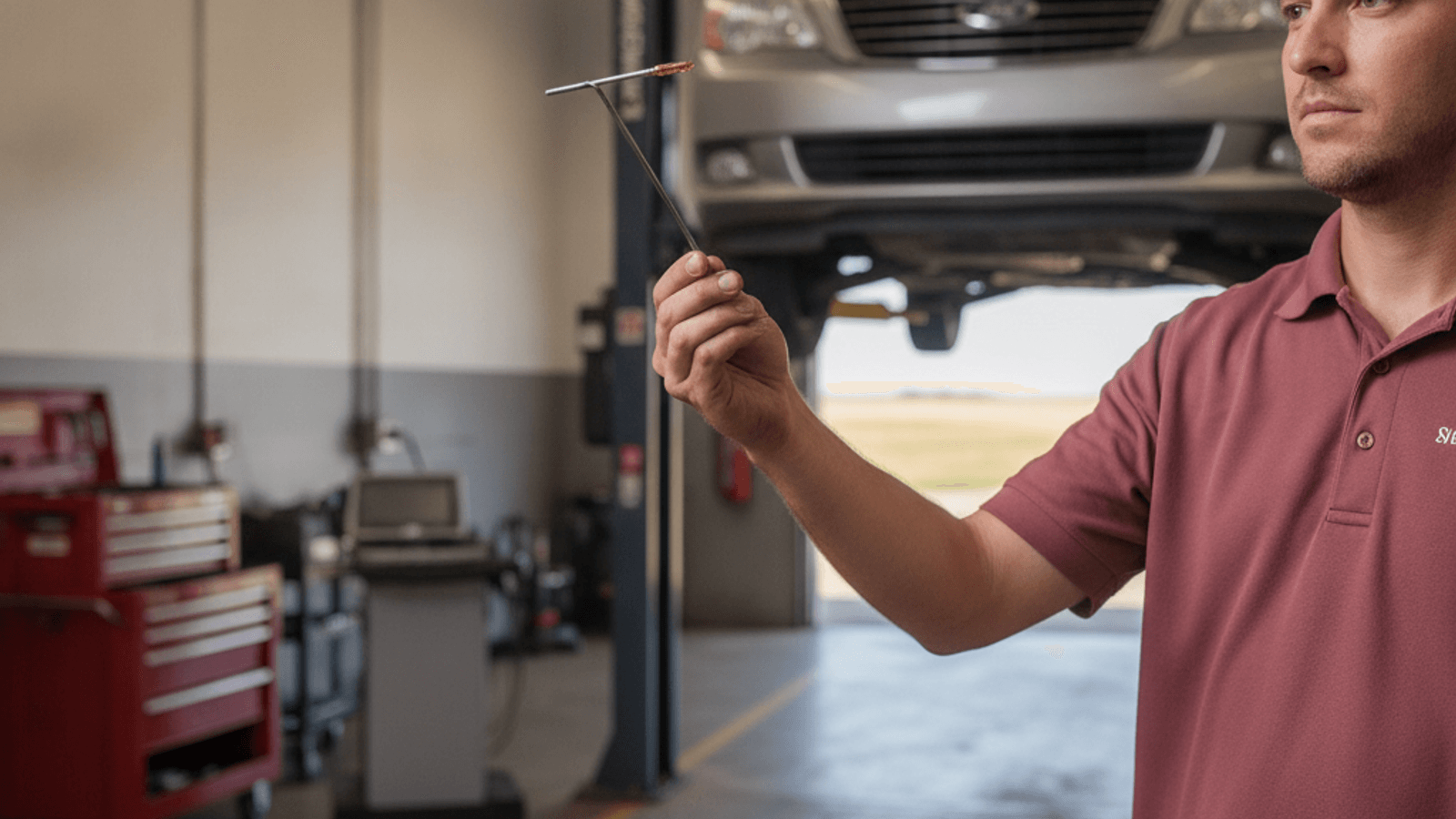 Mechanic checking transmission fluid level on a dipstick in a repair shop