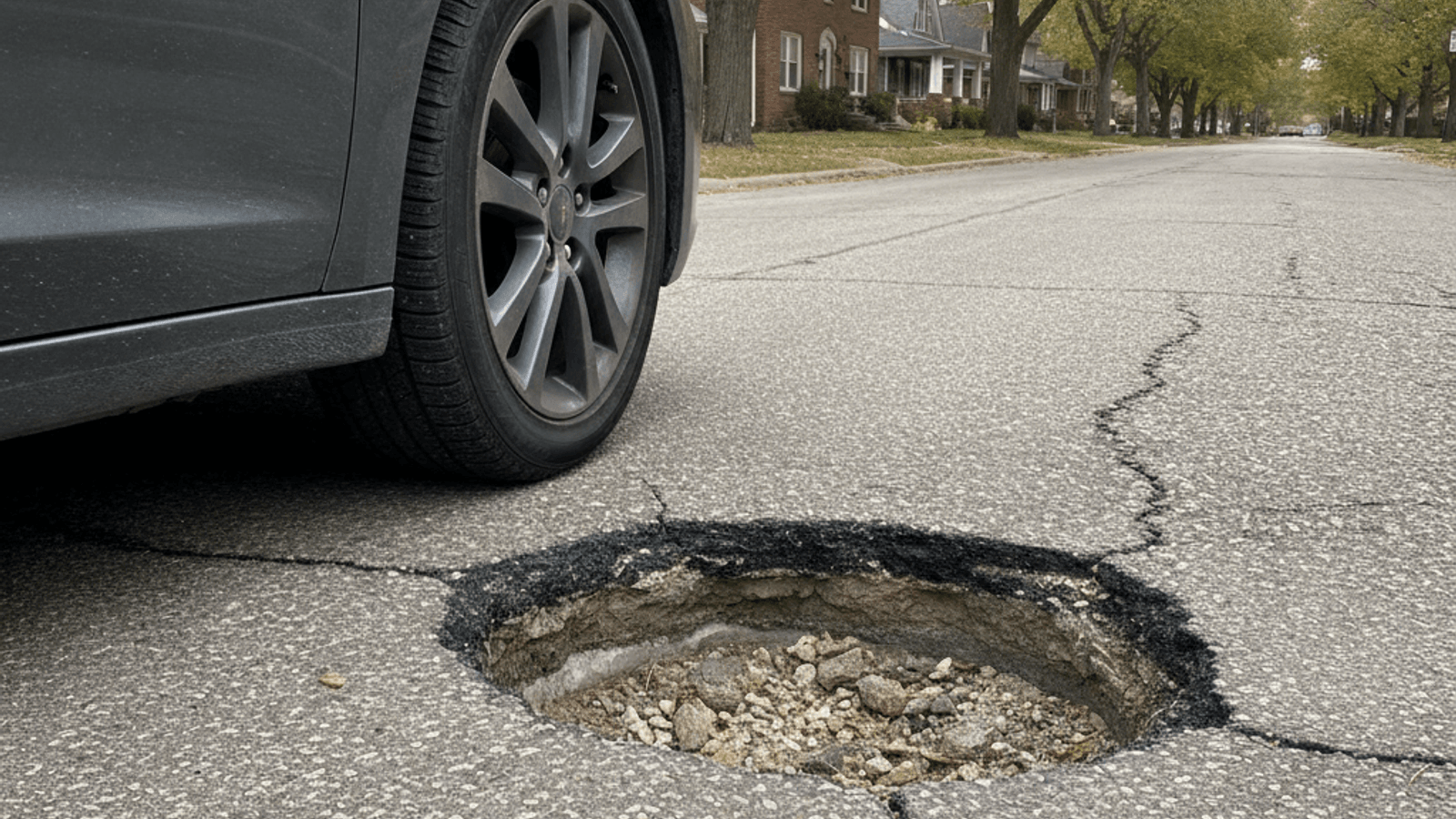 Car tire and wheel next to a large pothole in a Kansas road