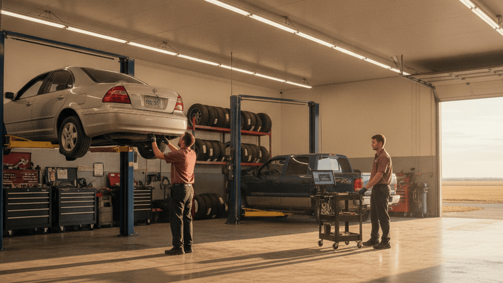 Mechanic inspecting a vehicle in a Greater Topeka repair shop