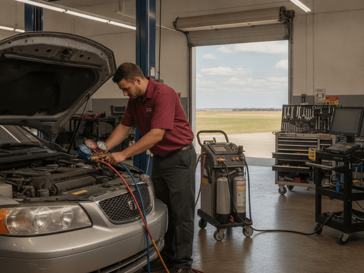 Mechanic checking car AC system pressure with gauges in a Topeka shop