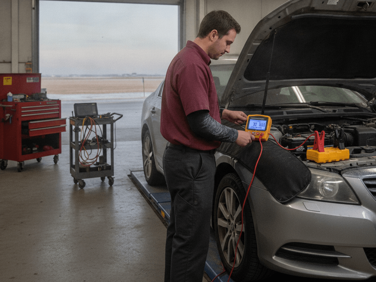 Mechanic testing a car battery and alternator output in a Topeka shop