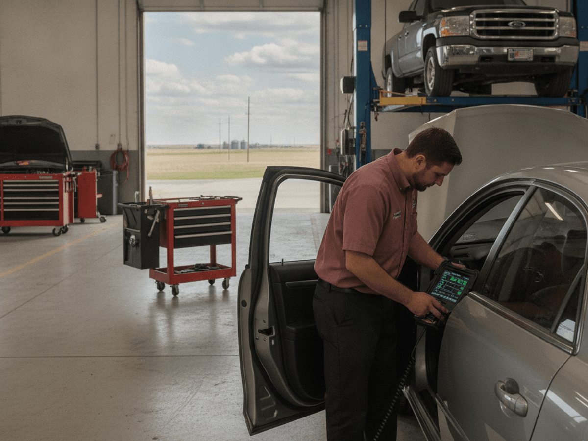 Mechanic connecting a diagnostic scan tool to a car in Topeka