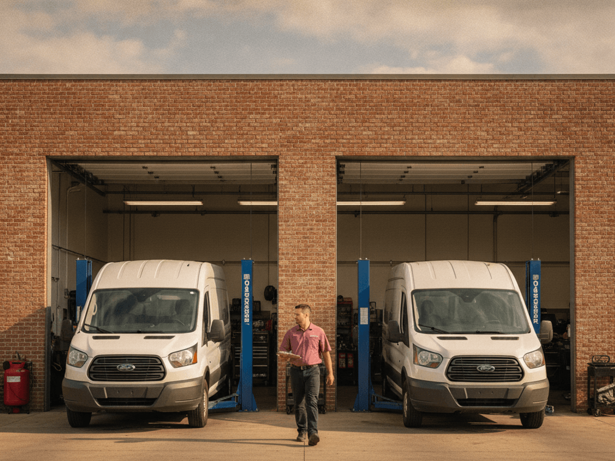 Two work vans parked at a Topeka auto repair shop for scheduled fleet service