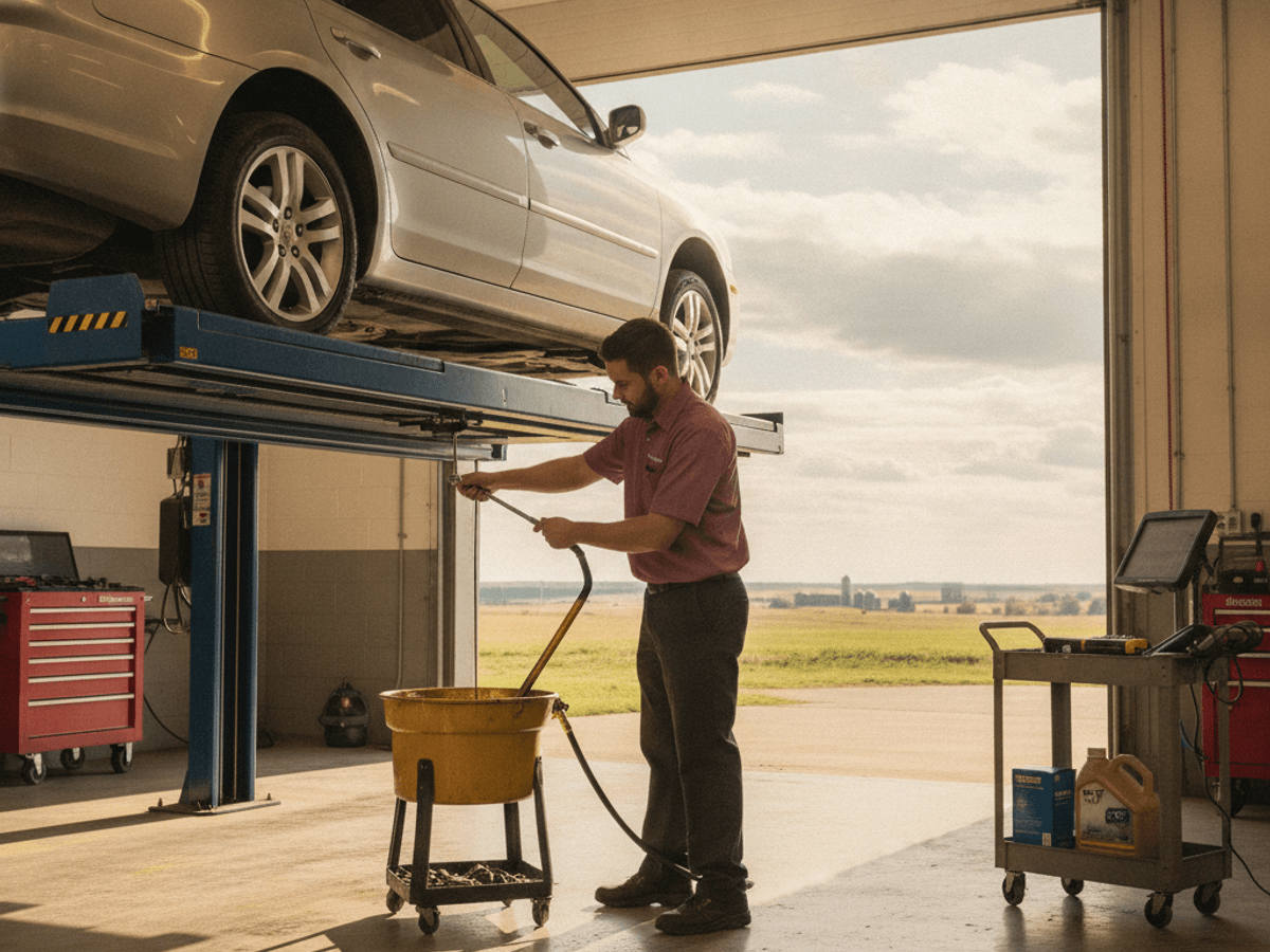 Technician draining oil from a car on a lift in a Topeka repair shop