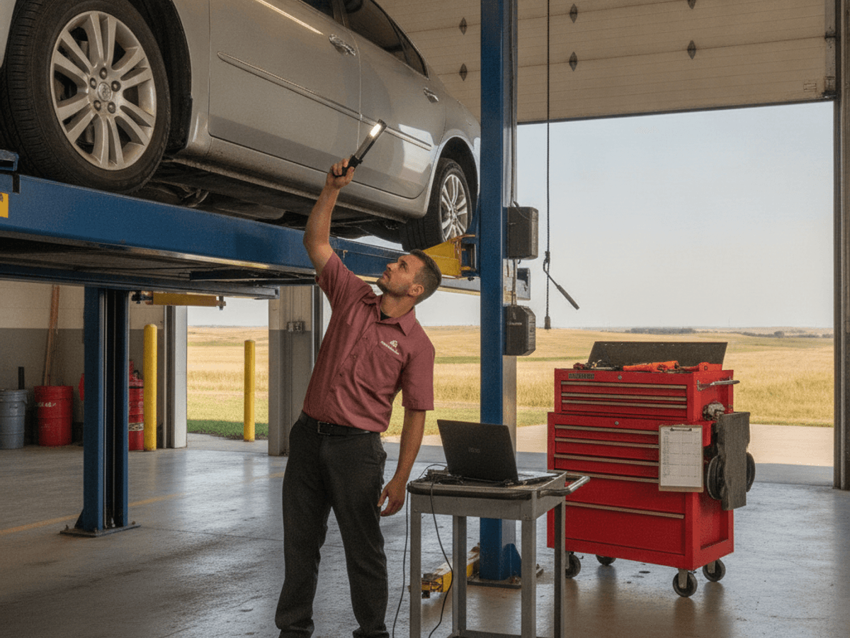 Mechanic inspecting the undercarriage of a used car on a lift in Topeka