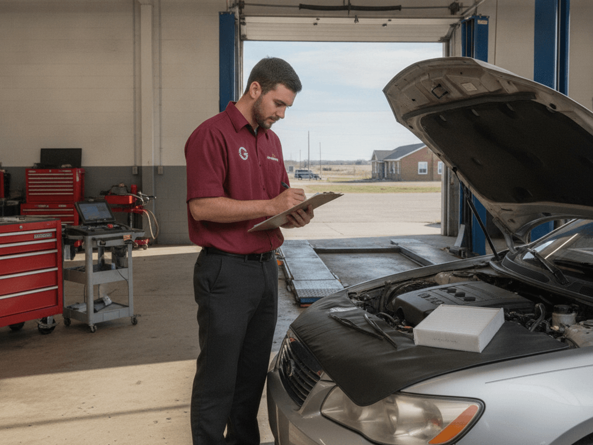 Mechanic checking off a maintenance checklist next to a car in a Topeka shop