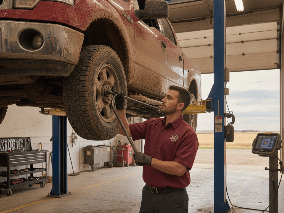 Mechanic inspecting a shock absorber and control arm on a lift in Topeka