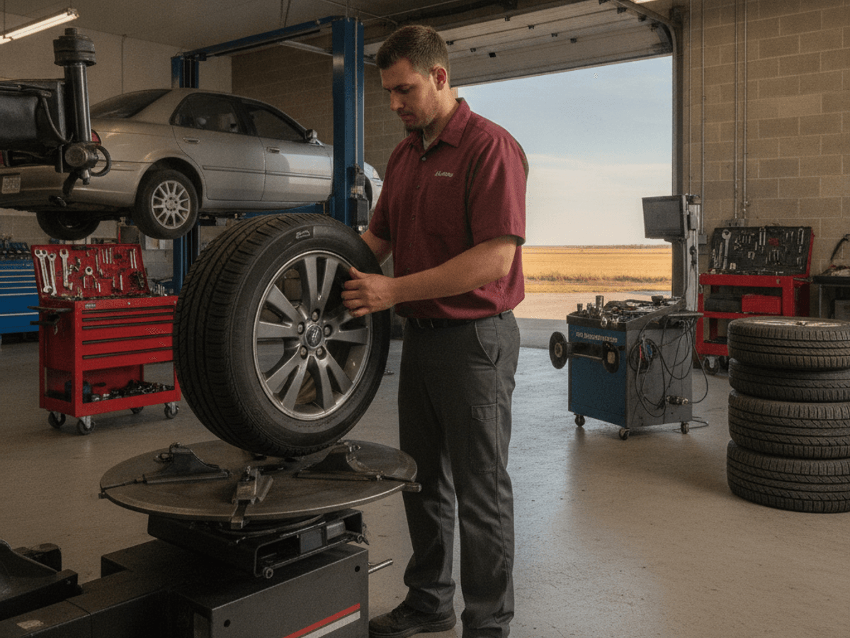 Technician mounting a new tire on a wheel balancer in a Topeka shop