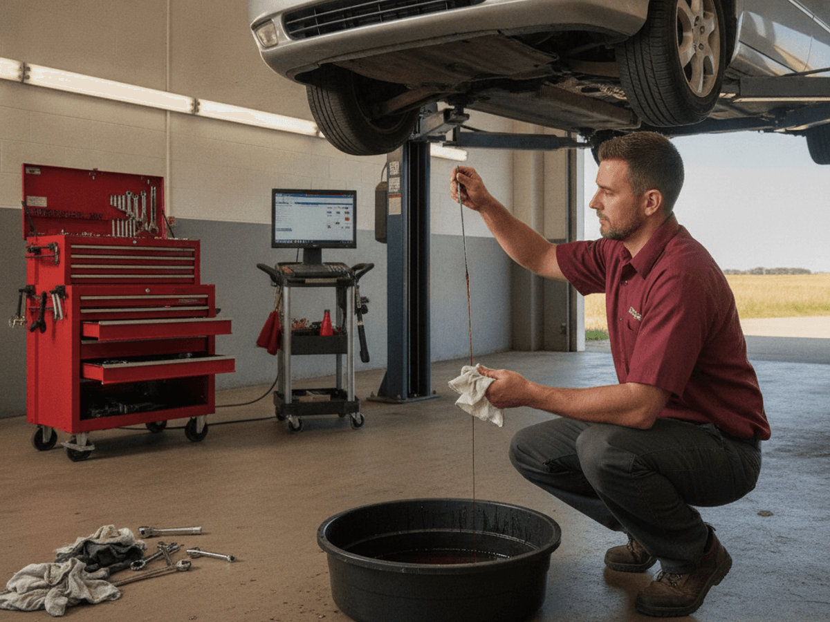 Mechanic inspecting transmission fluid on a lift in a Topeka shop