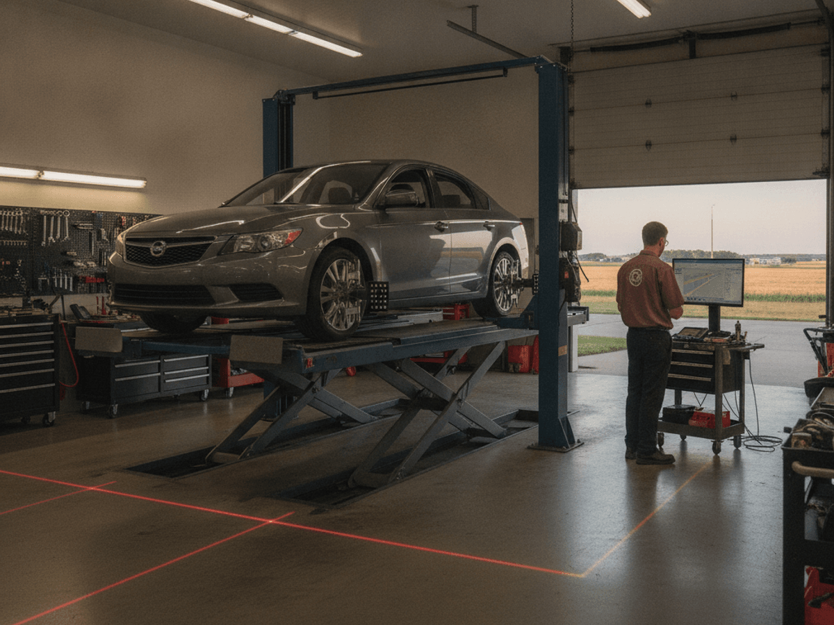 Car on an alignment rack with measurement equipment attached in a Topeka shop